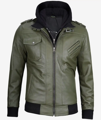 Mens-Green-Bomber-Leather-Jacket-With-Removable-Hood