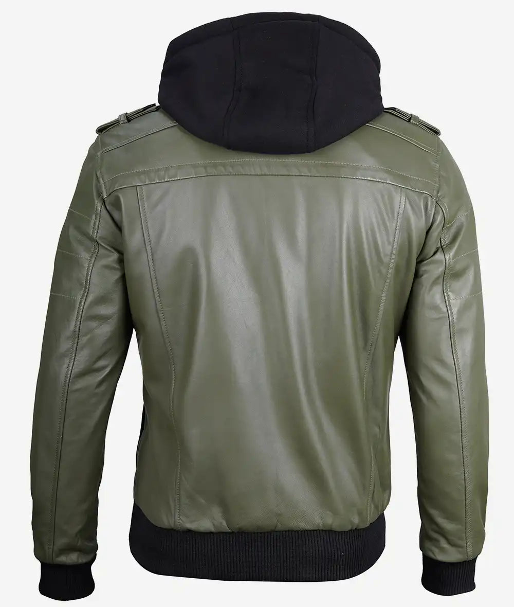 Mens-Olive-Green-Bomber-Leather-Jacket-Hood