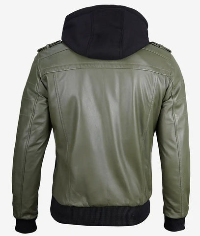 Mens-Olive-Green-Bomber-Leather-Jacket-Hood