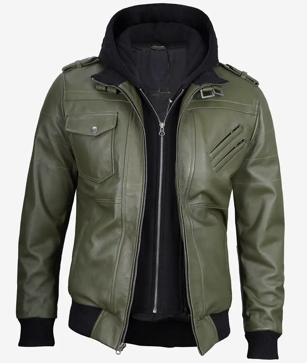 Mens-Olive-Green-Bomber-Leather-Jacket-Removable-Hood