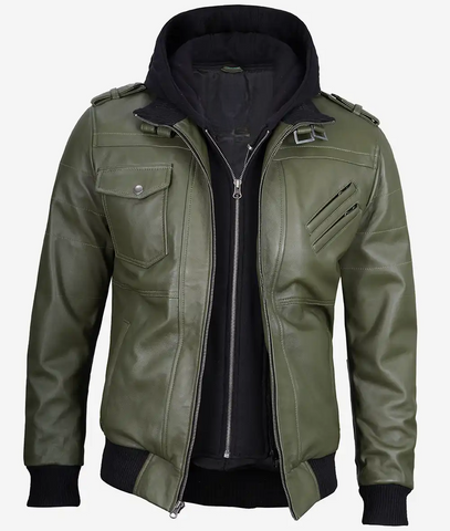 Mens-Olive-Green-Bomber-Leather-Jacket-Removable-Hood