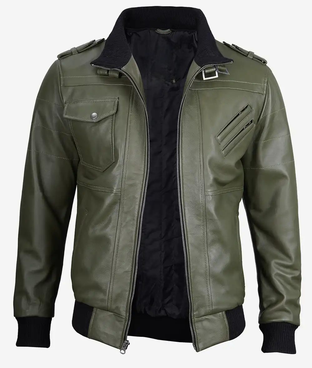 Mens-Olive-Green-Bomber-Leather-Jacket-With-Removable-Hood