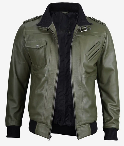 Mens-Olive-Green-Bomber-Leather-Jacket-With-Removable-Hood