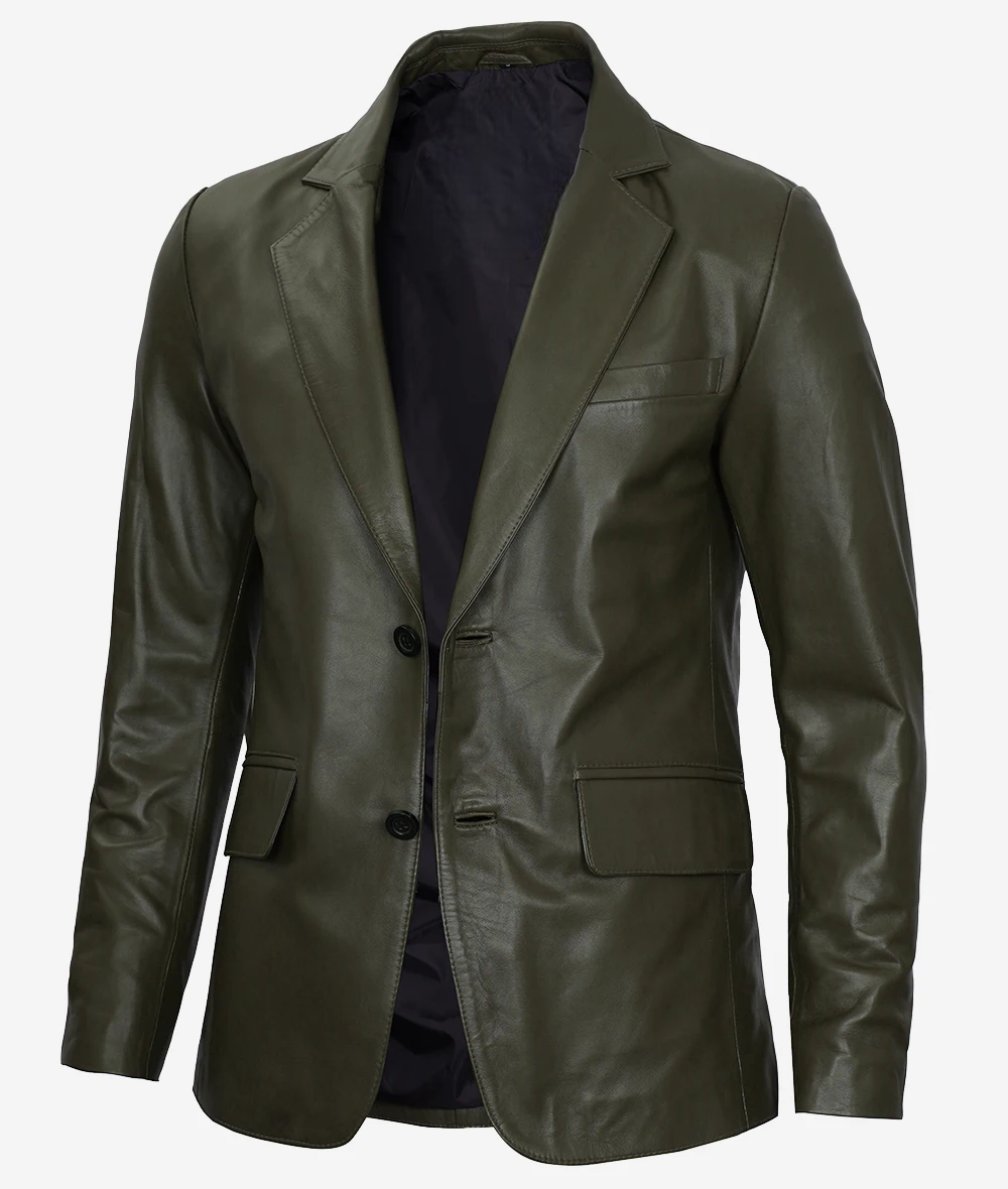 Mens-Olive-Green-Button-Leather-Blazer