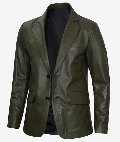 Mens-Olive-Green-Button-Leather-Blazer