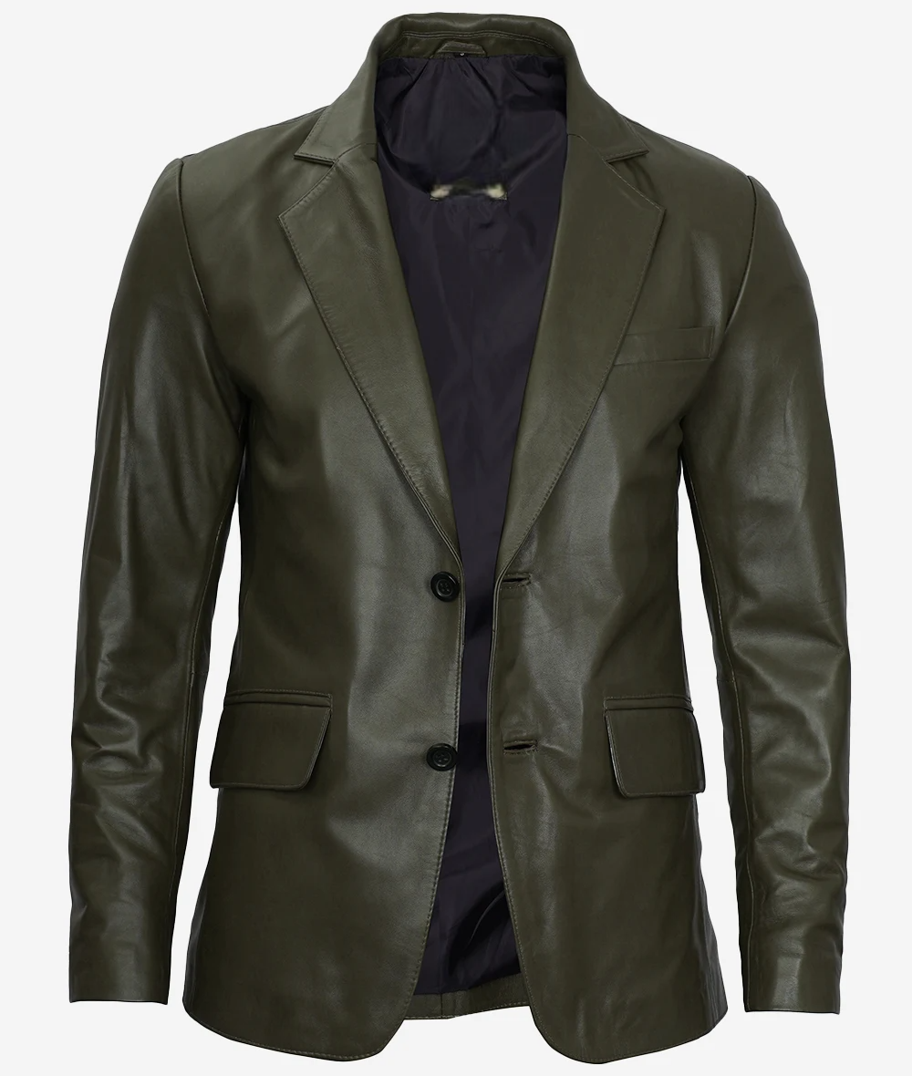 Mens-Olive-Green-Two-Button-Leather-Blazer