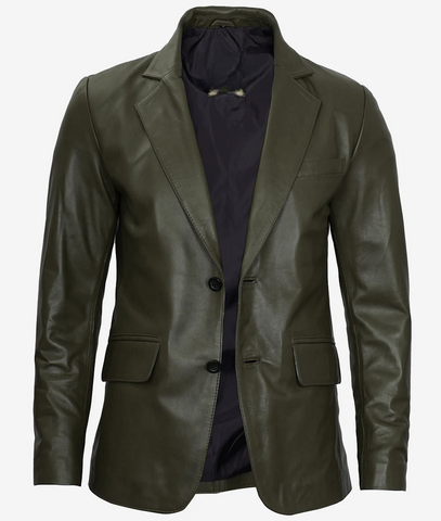 Mens-Olive-Green-Two-Button-Leather-Blazer
