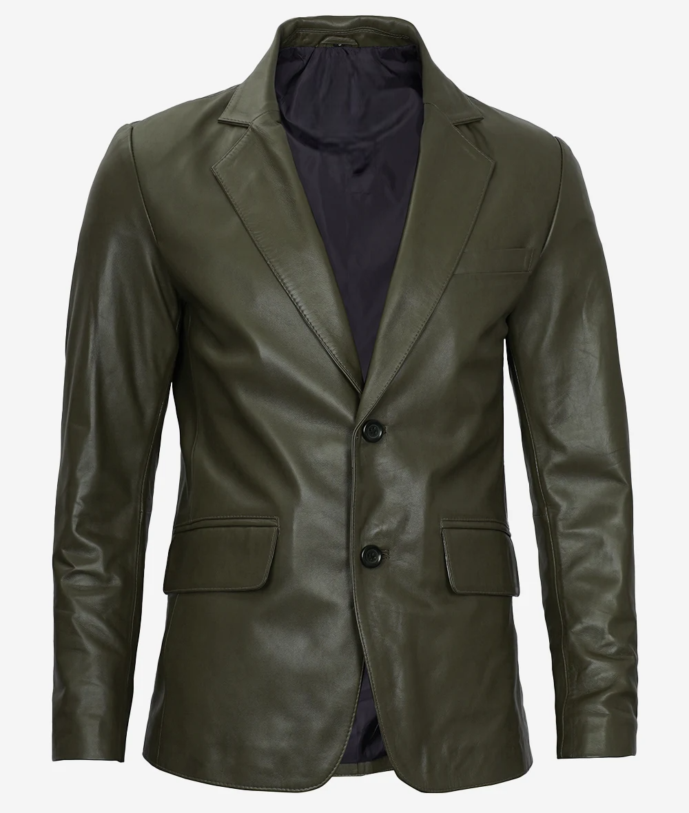Mens-Olive-Green-Two-Button-Leather Blazer