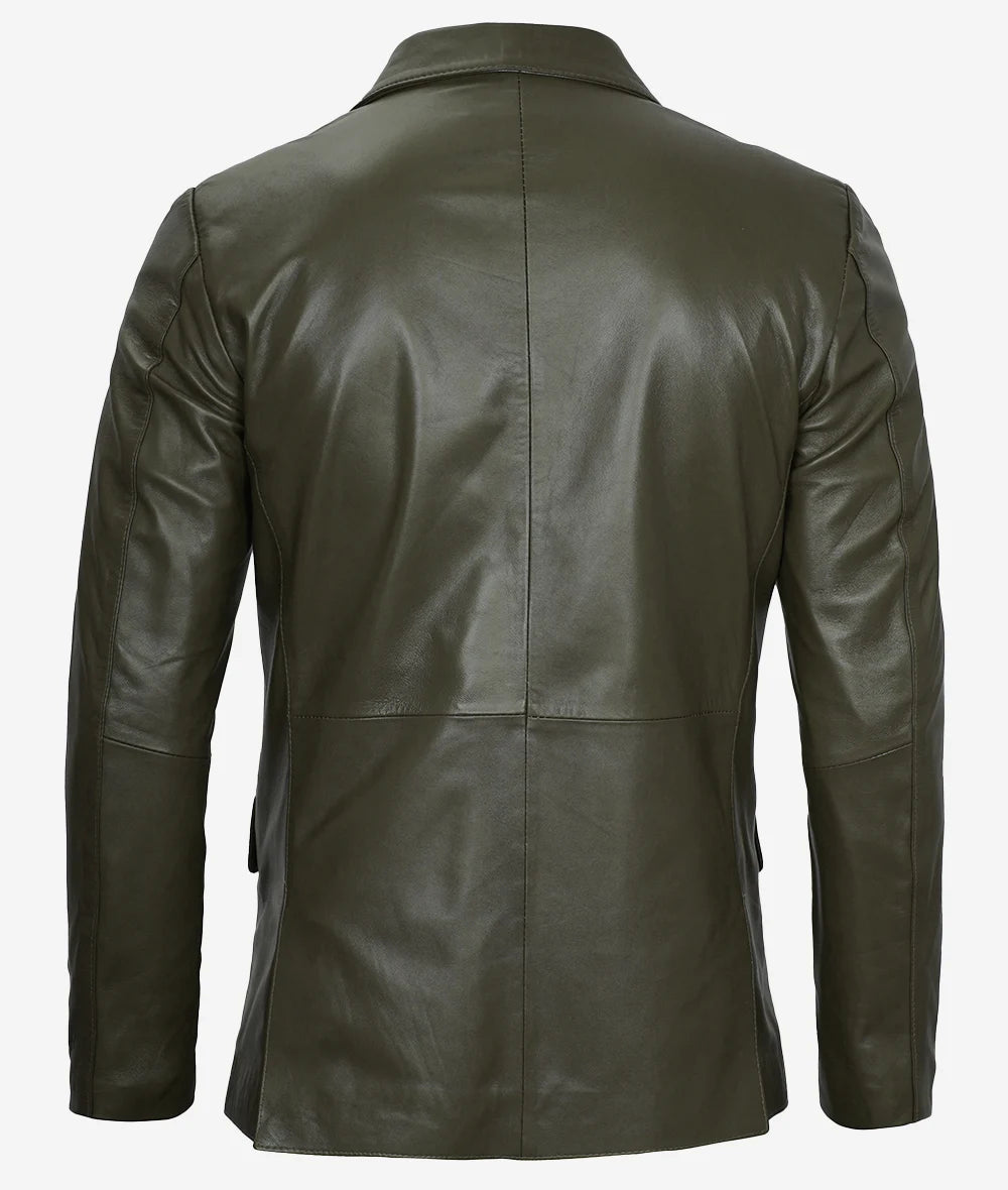 Mens-Olive-Two-Button-Leather-Blazer