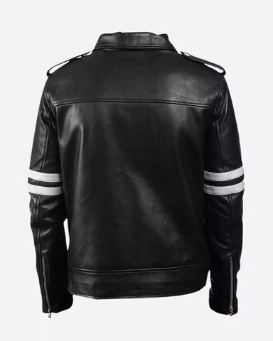 Mens Black and White Stripe Leather Jacket