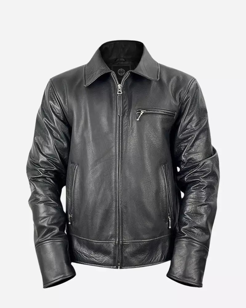 Men Black Cowhide Leather Harrington Jacket