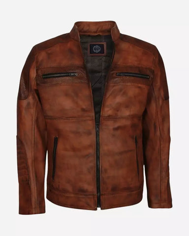 Mens Cafe Racer Brown Cowhide Motorcycle Jacket