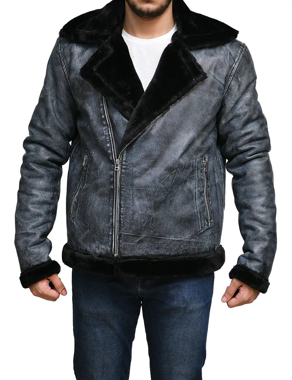 Mens Grey Sheepskin Shearling Bomber Jacket