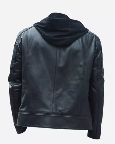 Men Leather Moto Hooded Jacket