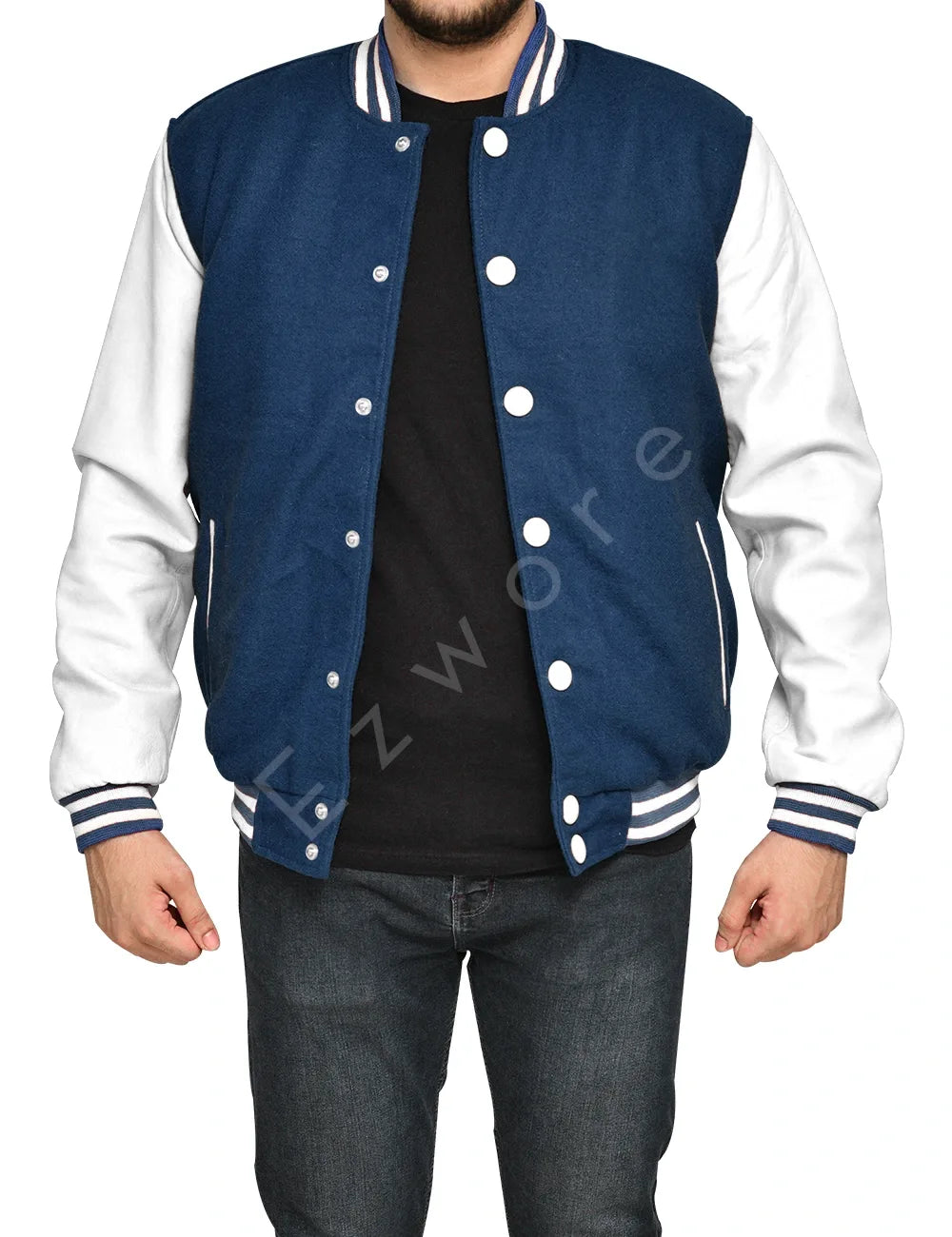 Mens Navy and White Varsity Jacket