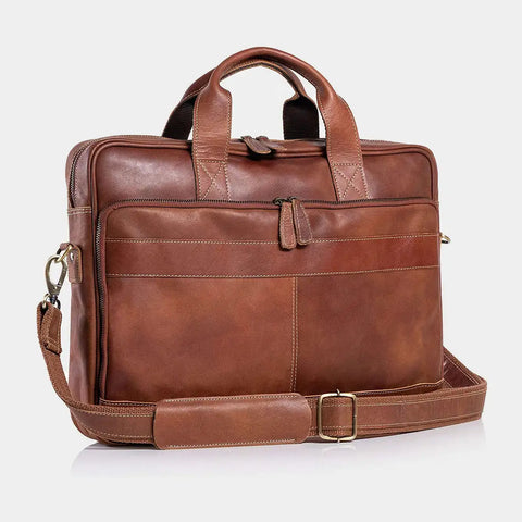 Mens Slim Brown Leather Laptop Satchel 