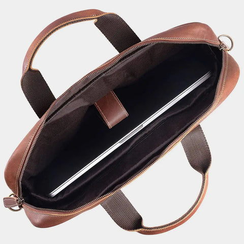 Mens Slim Brown Leather Laptop Satchel