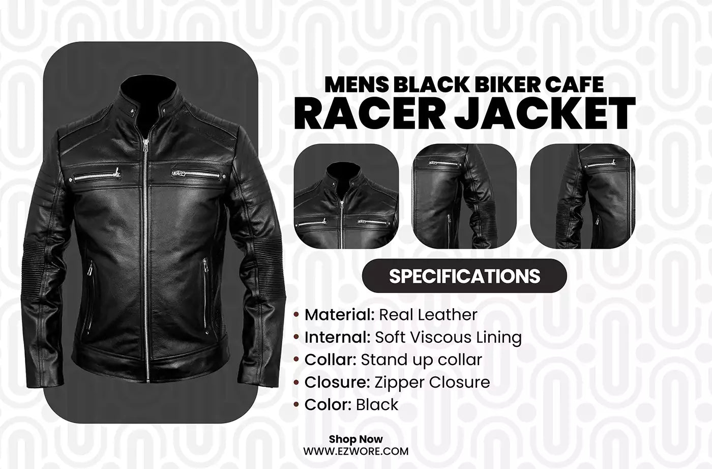 Mens Black Biker Cafe Racer Jacket infography