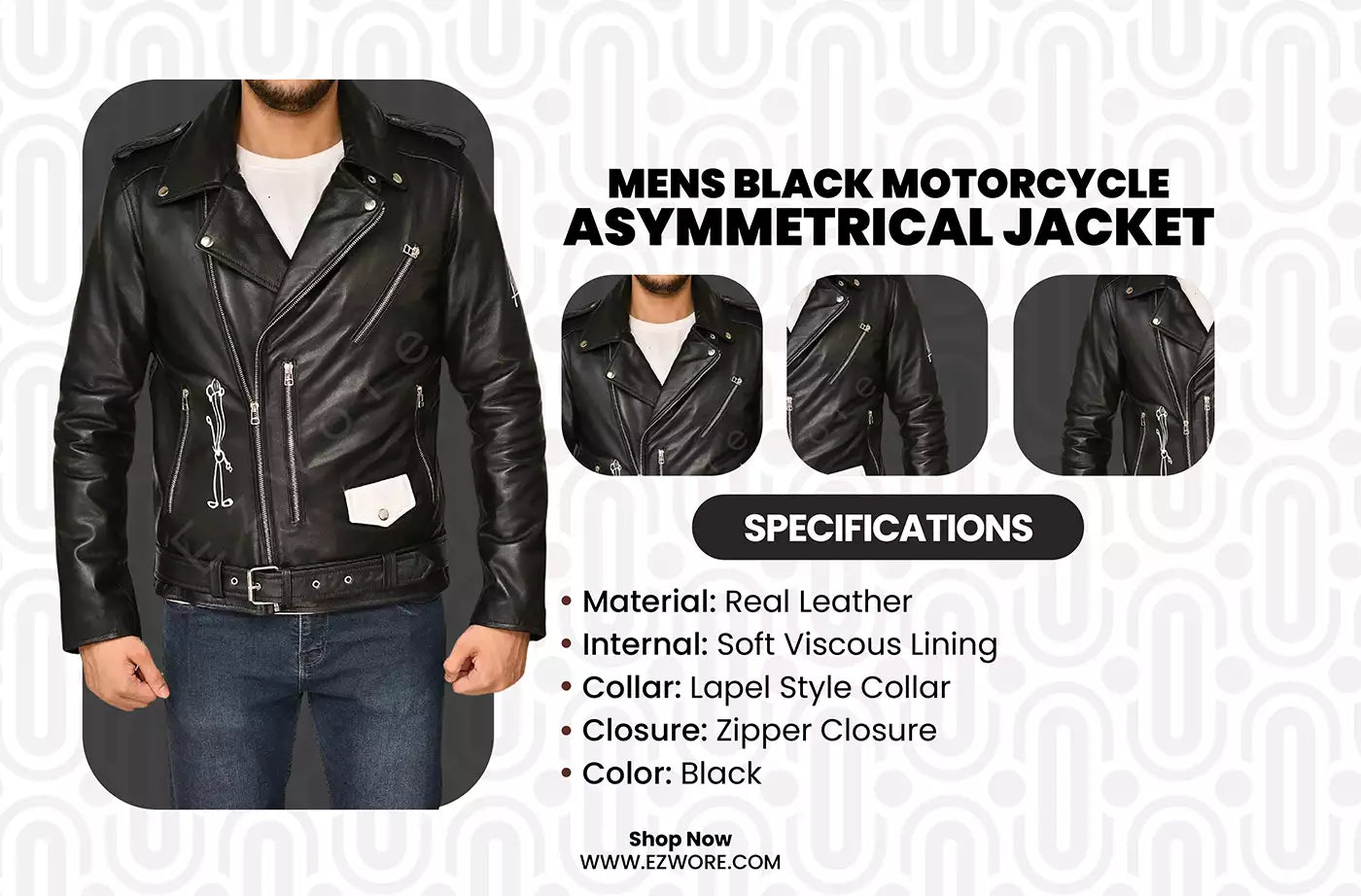 Mens Black Motorcycle Asymmetrical Jacket infography