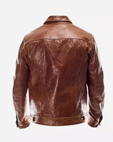 Mens Brown Cowhide Leather Trucker Jacket