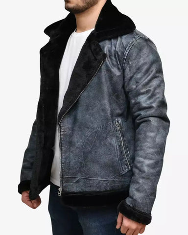 Mens Grey Sheepskin Shearling Bomber Jacket