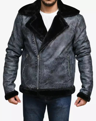 Mens Grey Sheepskin Shearling Bomber Jacket