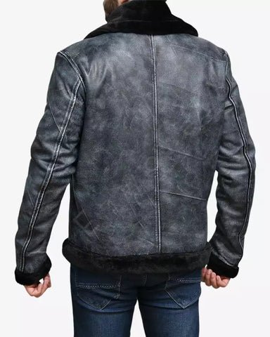 Mens Grey Sheepskin Shearling Bomber Jacket