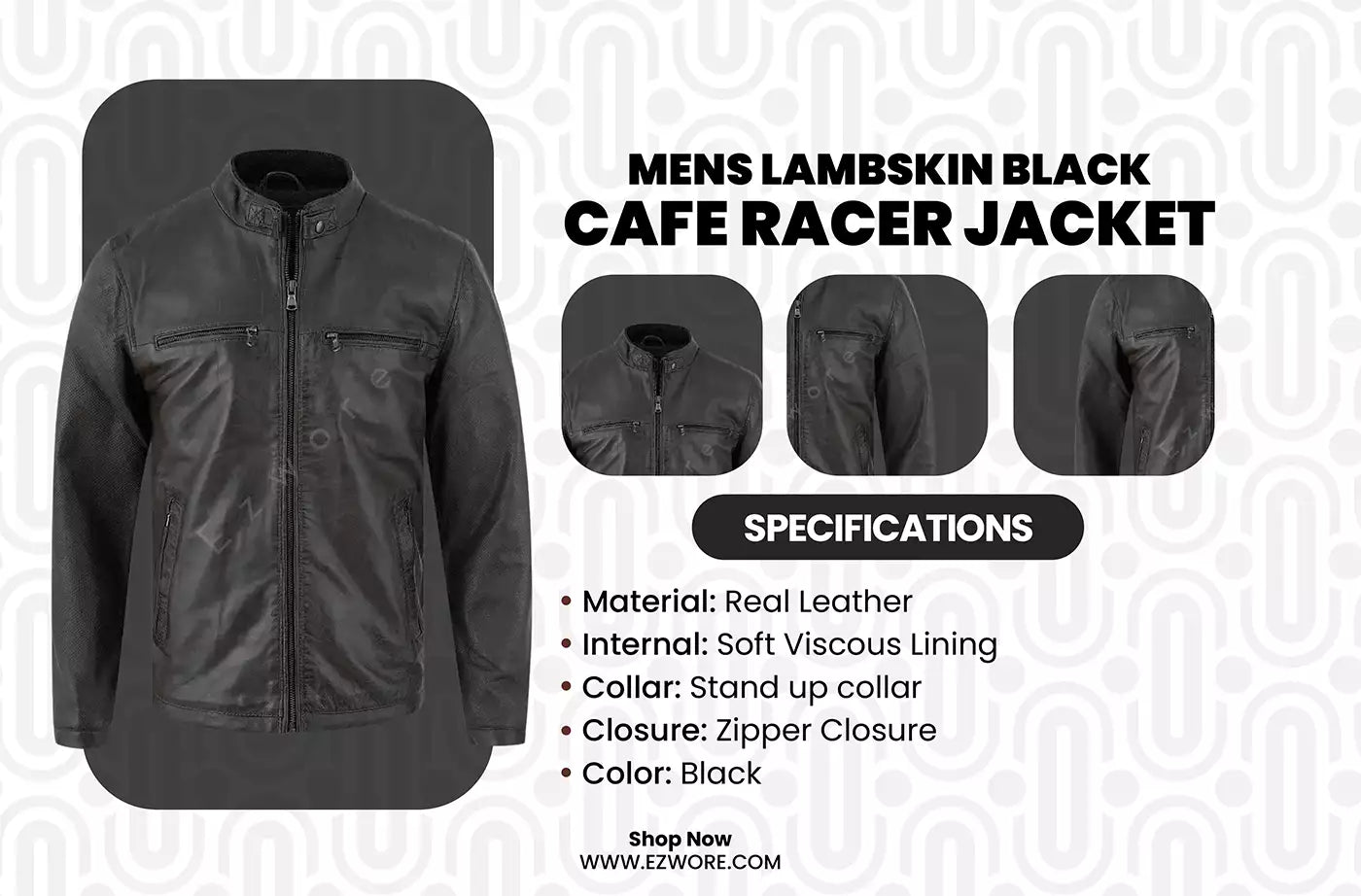 Mens Lambskin Black Cafe Racer Jacket infography