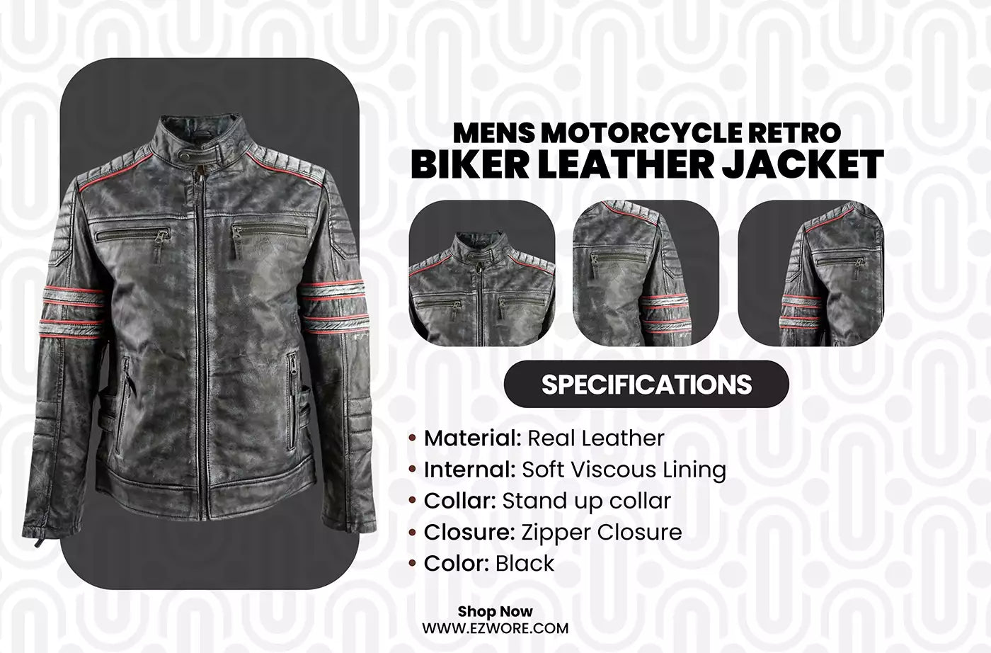 Mens Motorcycle Retro Biker Leather Jacket infography