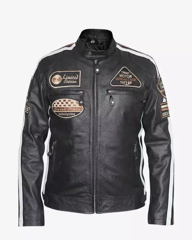 Mens Motorcycle Retro Stripes Biker Jacket