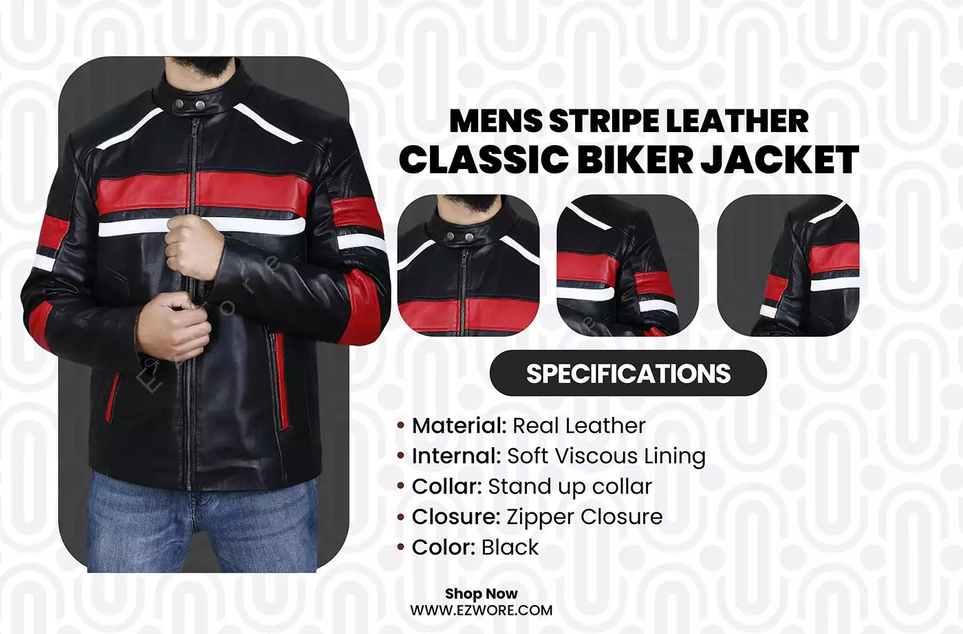 Mens Stripe Leather Classic Biker Jacket infography