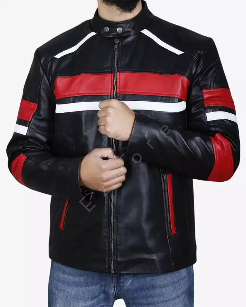 Mens Stripe Leather Classic Biker Jacket