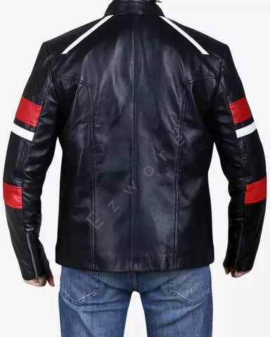 Mens Stripe Leather Classic Biker Jacket