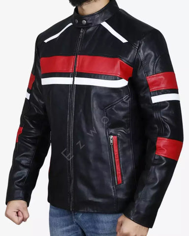 Mens Stripe Leather Classic Biker Jacket