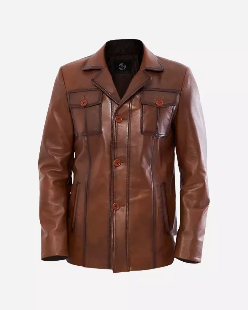 Nathan Men Brown Leather Blazer Coat