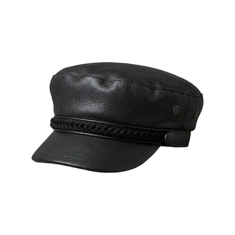 New Braided Baker Boy Black Leather Cap