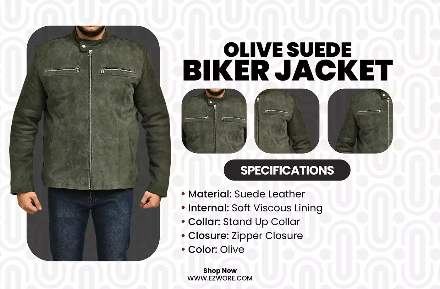 Olive Suede Biker Jacket infography