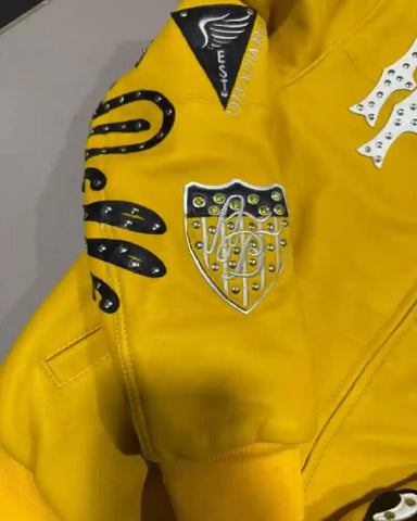 Pelle Pelle Yellow Embroidered Bomber Leather Jacket