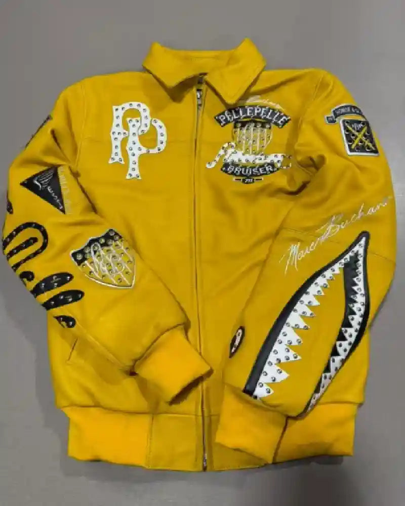 Pelle Pelle Yellow Embroidered Bomber Leather Jacket