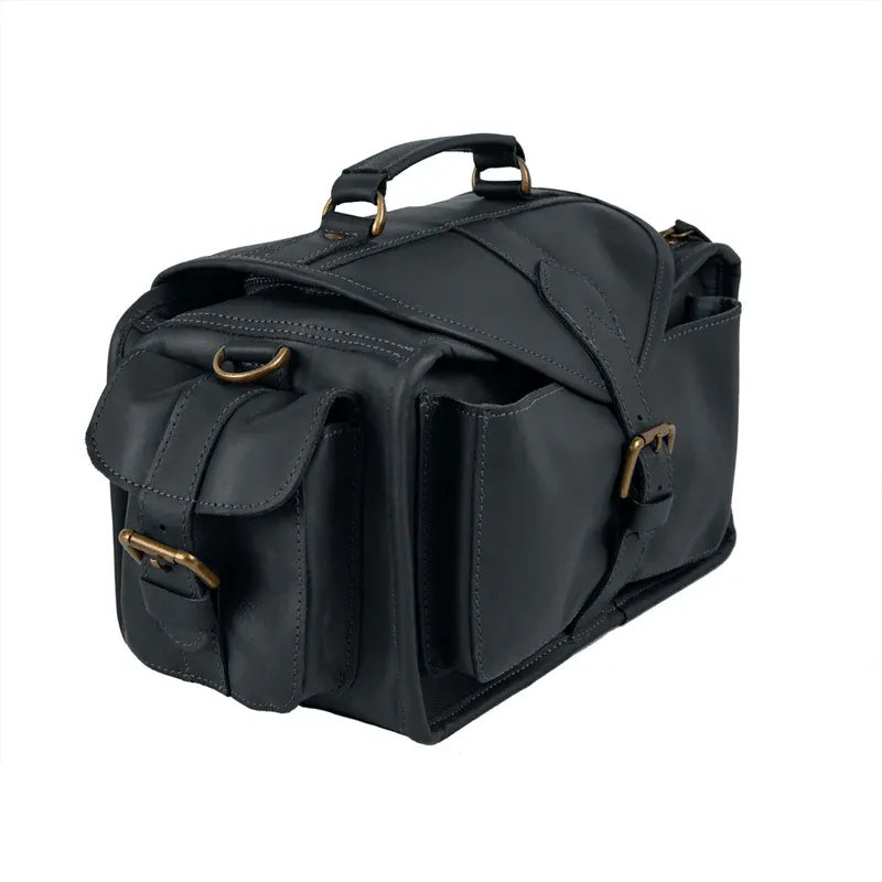 Premium Black Leather Long Travel Camera Bag