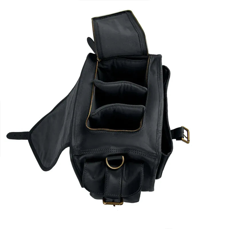 Premium Black Leather Long Travel Camera Bag