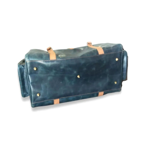 Unisex Premium Navy Blue Leather Duffel Travel Bag