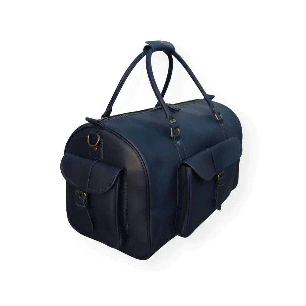 Unisex Real Leather Blue Duffel Travel Bag