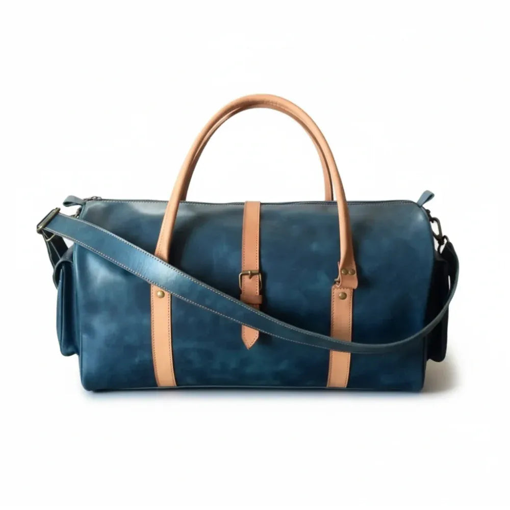 Unisex Premium Navy Blue Leather Duffel Travel Bag
