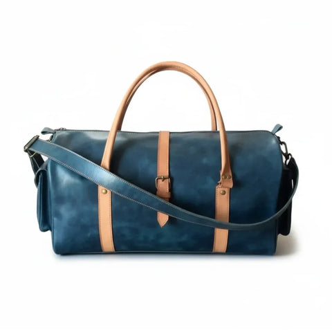 Unisex Premium Navy Blue Leather Duffel Travel Bag