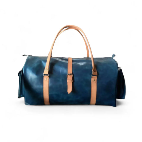 Unisex Premium Navy Blue Leather Duffel Travel Bag