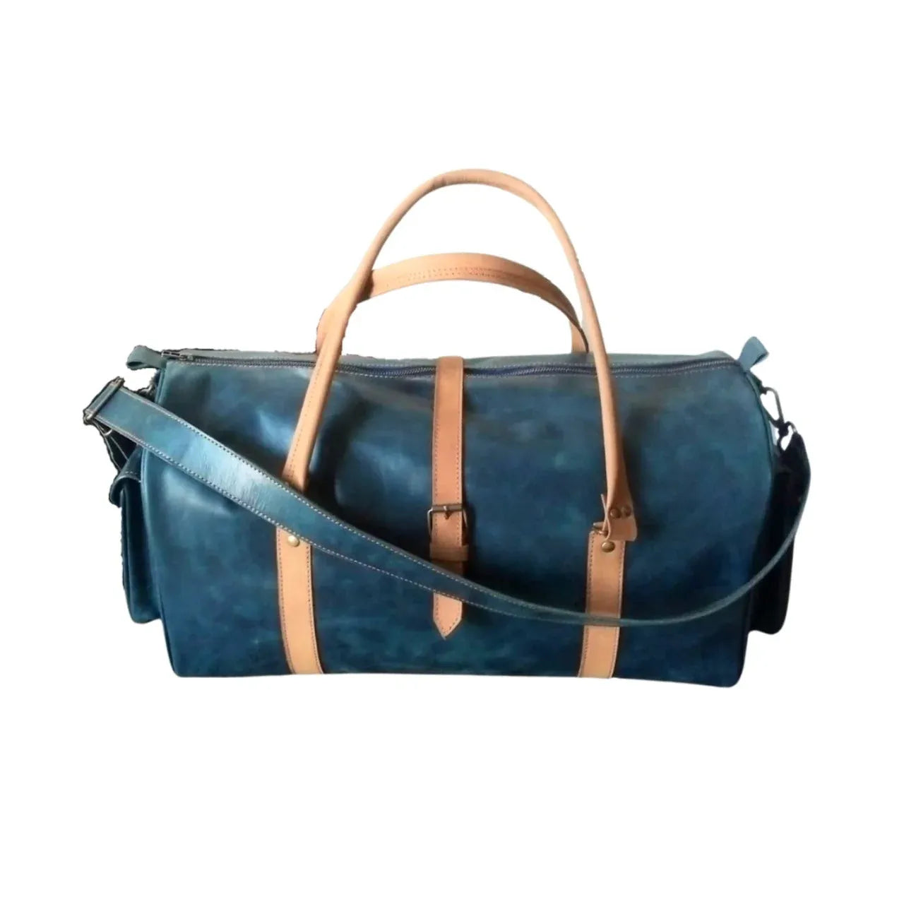 Unisex Premium Navy Blue Leather Duffel Travel Bag