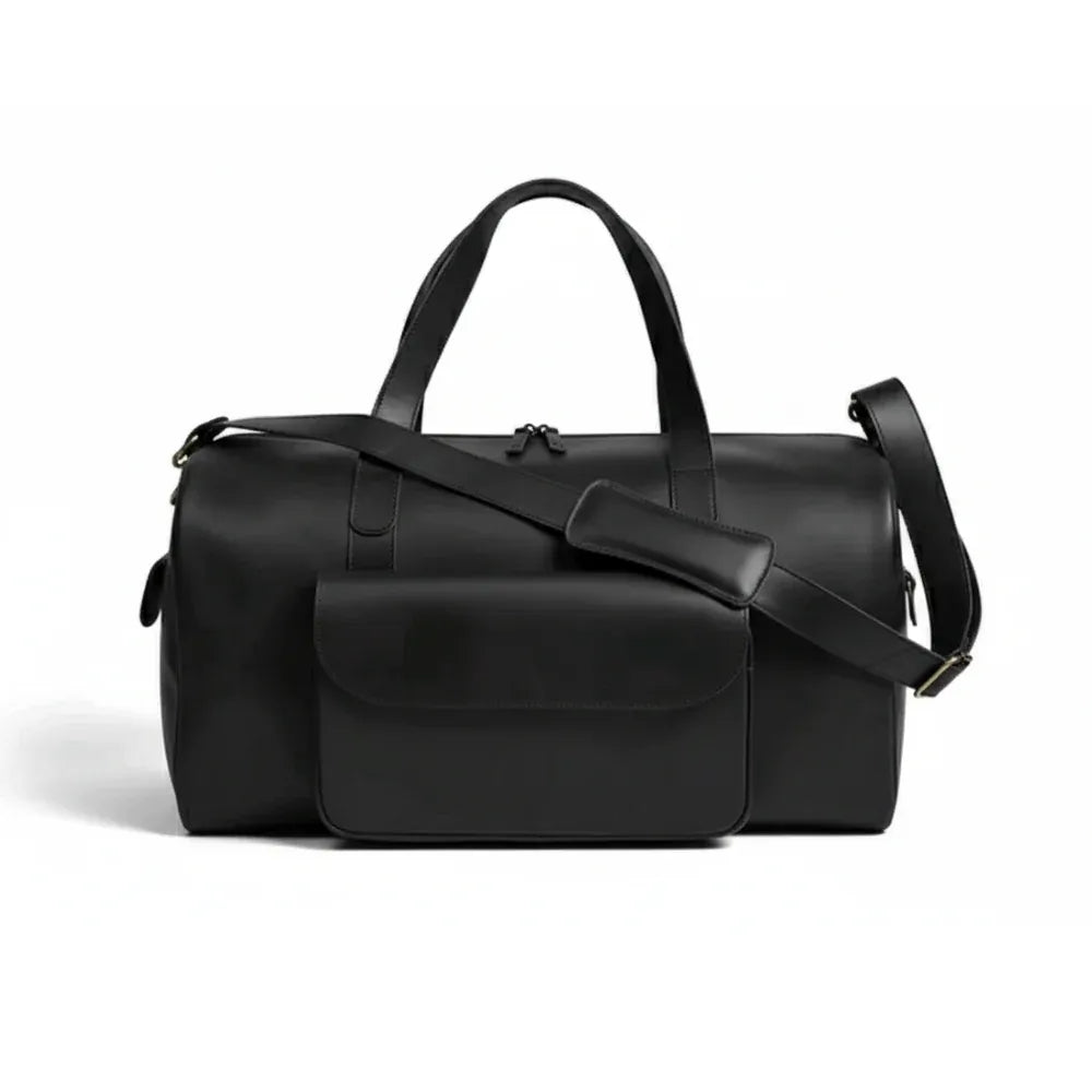 Unisex Real Leather Black Duffel Travel Bag