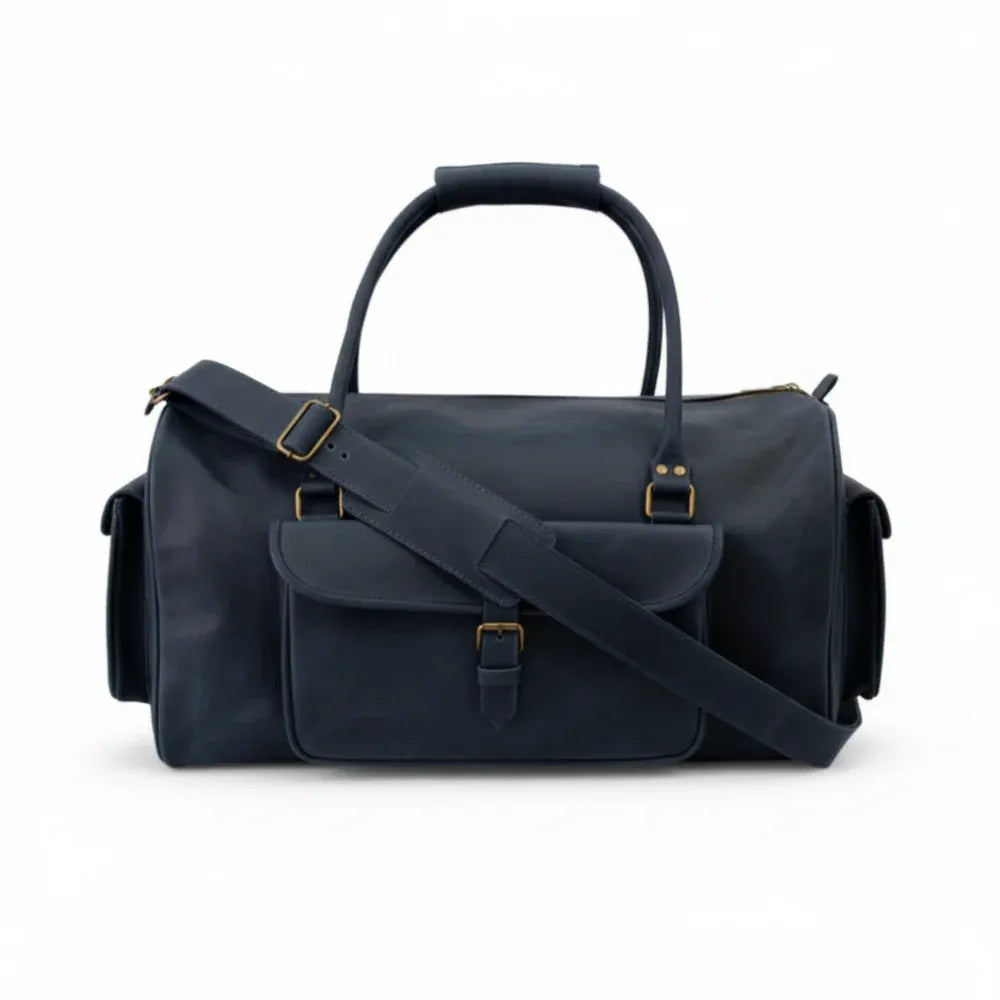 Unisex Real Leather Blue Duffel Travel Bag