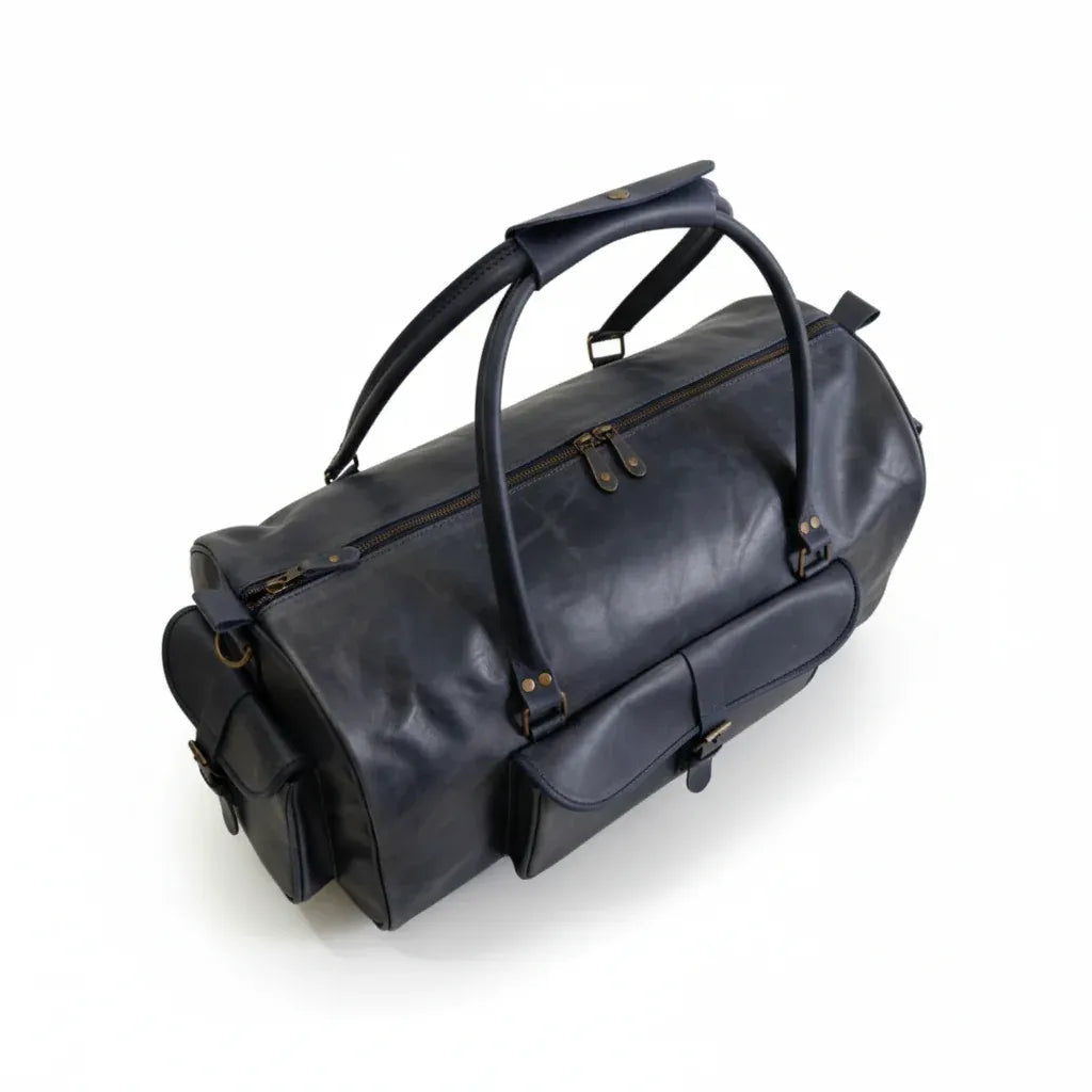 Unisex Real Leather Blue Duffel Travel Bag